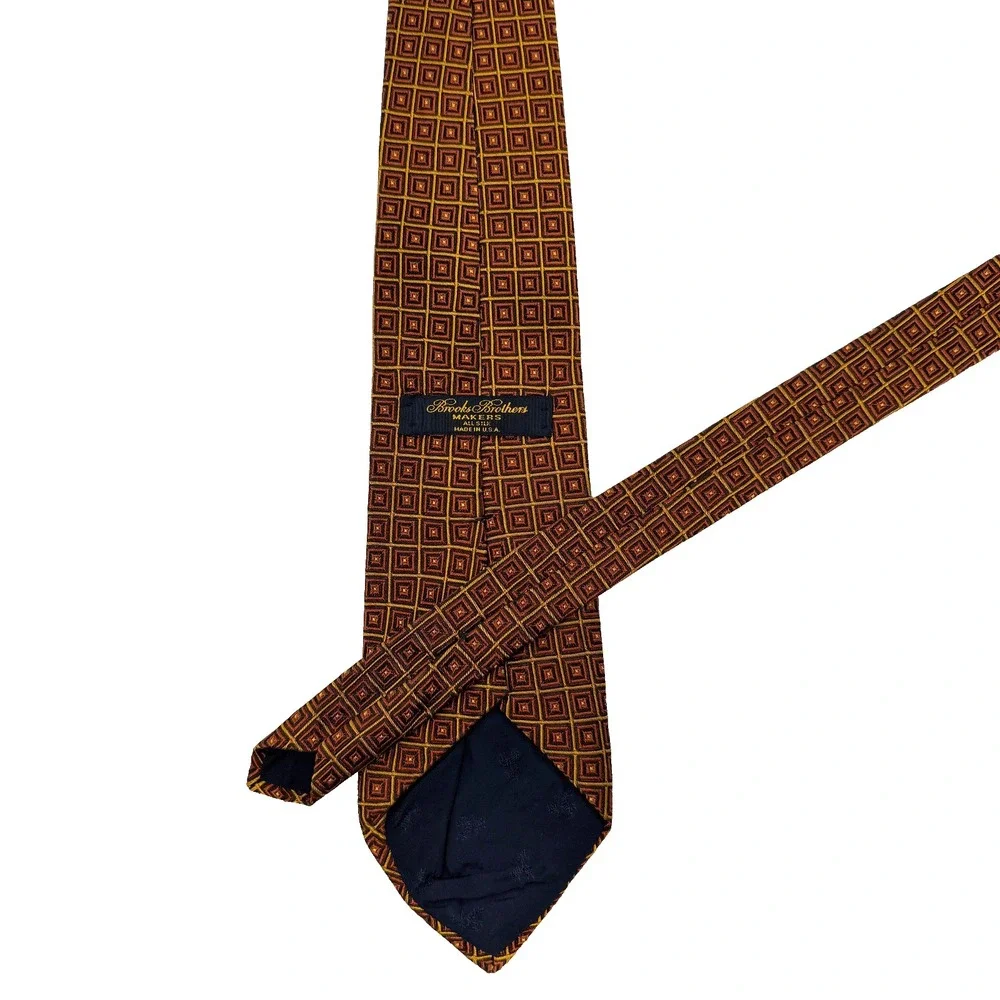 BROOKS BROTHERS Makers Silk Tie Brown Orange Geometric Square Made in USA